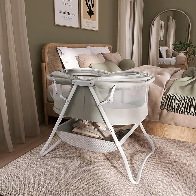 Dream On Me Karley Bassinet in Cool Grey, Lightweight Portable Baby Bassinet, Quick Fold and Easy to Carry , Adjustable Double Canopy, Indoor and Outdoor Bassinet with Large Storage Basket.