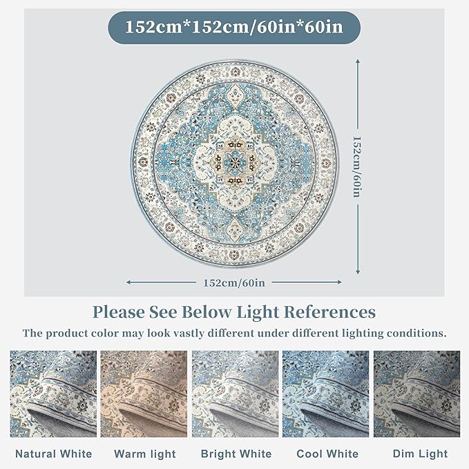 Ciicool Washable Area Rug Round 5’x5’ Boho Bedroom Rug Non-Slip Oriental Entry Throw Rug Low-Pile Indoor Floor Carpet for Dining Room Laundry Foyer Decor (Vintage Blue)