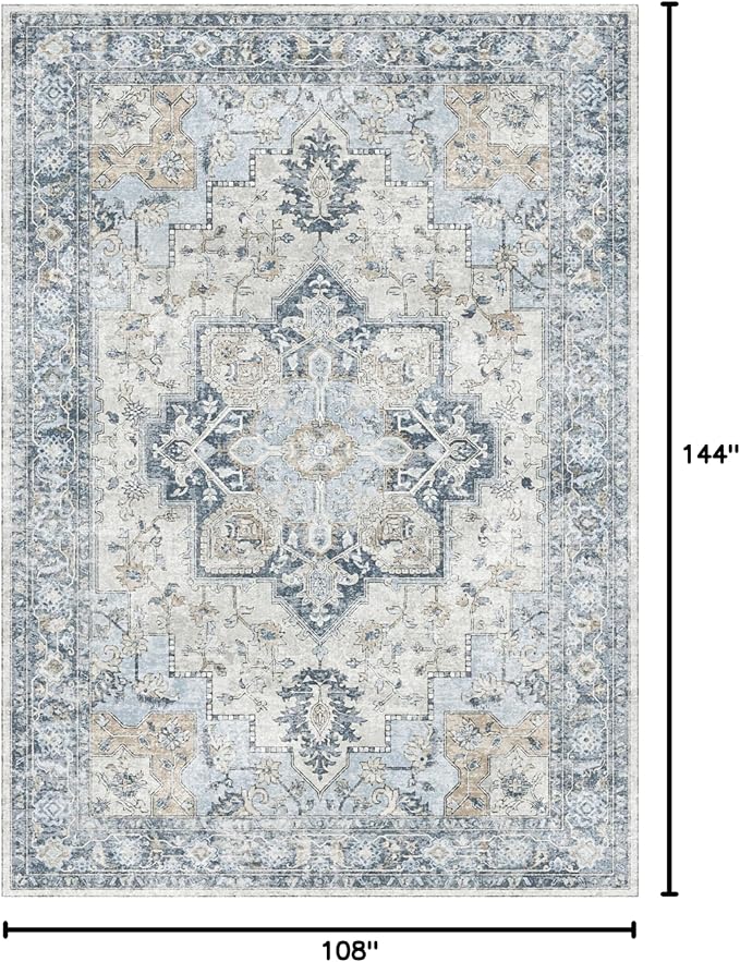 GENIMO 9x12 Area Rugs for Living Room, Machine Washable Non Slip Vintage Rugs, Low Pile Lightweight Chenille Print Rug for Bedroom, Dining Room, Home Office, Blue
