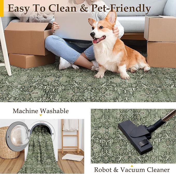 Vintage Area Rug 3x5 Green Entryway Office Washable Carpet Non Slip Bedroom Indoor Living Room Door Mat Low Pile Traditional Distressed Retro Accent Rug for Dining Room Bathroom Kitchen