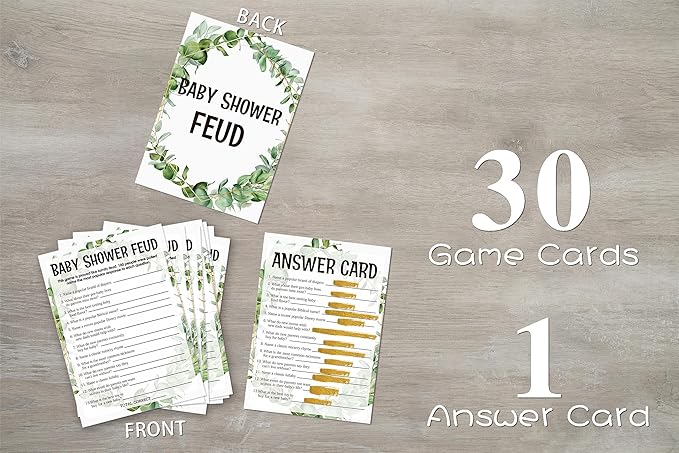 Baby Shower Game Cards, Baby Shower Feud Game, Tropical Jungle Theme Party Cards for Gender Neutral Boys or Girls, Set of 30 (Green004)