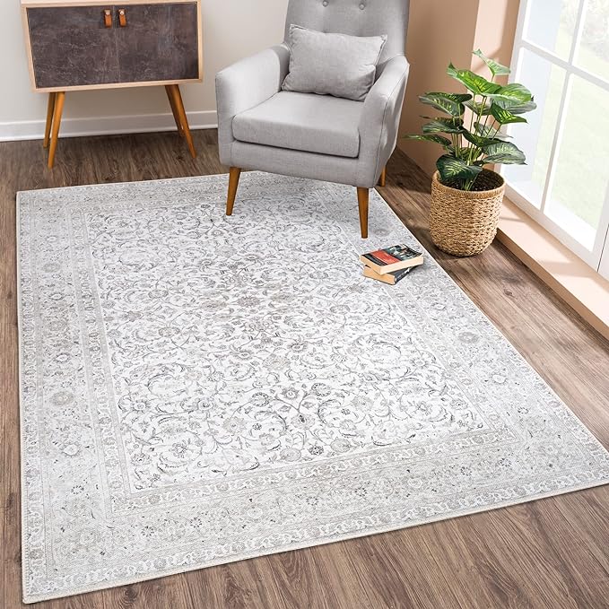 Bloom Rugs Washable Non-Slip 8' x 10' Rug - Beige/Off White Traditional Bordered Area Rug for Living Room, Bedroom, Dining Room, and Kitchen - Exact Size: 8' x 10'