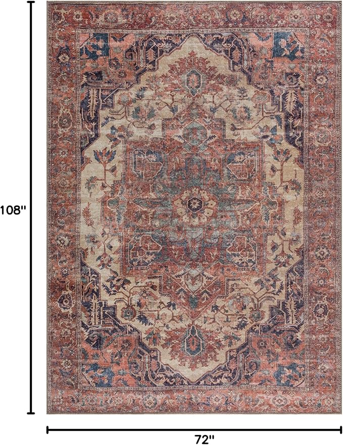 Bloom Rugs Washable 6' x 9' Rug - Beige/Terracotta Traditional Area Rug for Living Room, Bedroom, Dining Room, and Kitchen - Exact Size: 6' x 9'