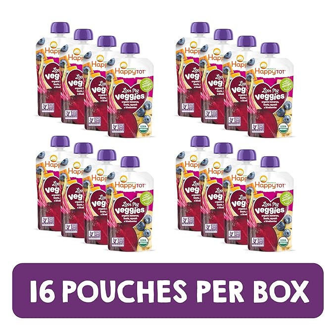 Happy Tot Organics Stage 4 Baby Food Pouches, Gluten Free, Vegan Snack, Love My Veggies, Fruit & Veggie Puree, Banana, Beet, Squash & Blueberry, 4.22 Ounce (Pack of 16)