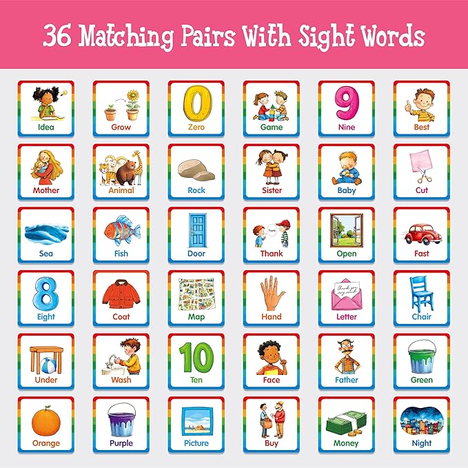 Hebayy Memory Matching Game, 72 PCS Sight Words Matching Cards for Kids, 36 Pairs Memory Cards, Educational Toy for Children to Learn Sight Words 5+ Years Old