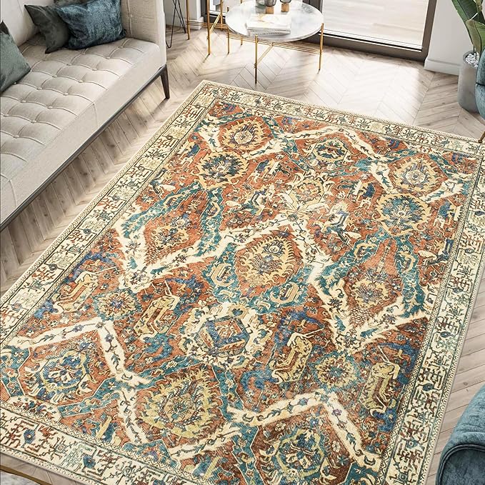 Keen Home Design 8x10 Rug - Machine Washable Area Rug with Non-Slip Backing, Ideal for Living Room, Dining Room, Bedroom - Vintage, Easy Clean, Durable, Low Pile Rug - (8' x 10')