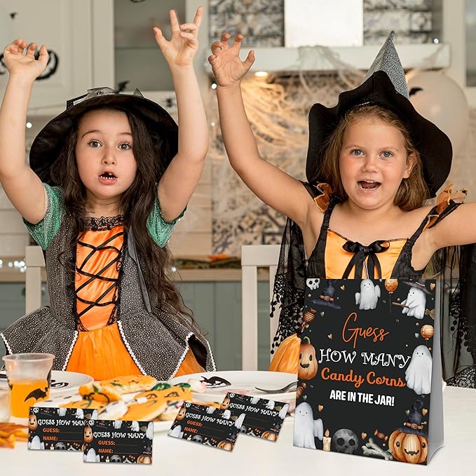 Halloween How Many Candy Corns Are In The Jar - 1 Standing Sign & 50 Guessing Cards - Halloween Ghosts Party Game & Decoration For Boys, Girls, Adults - Baby Shower, Birthday Game Set - A03