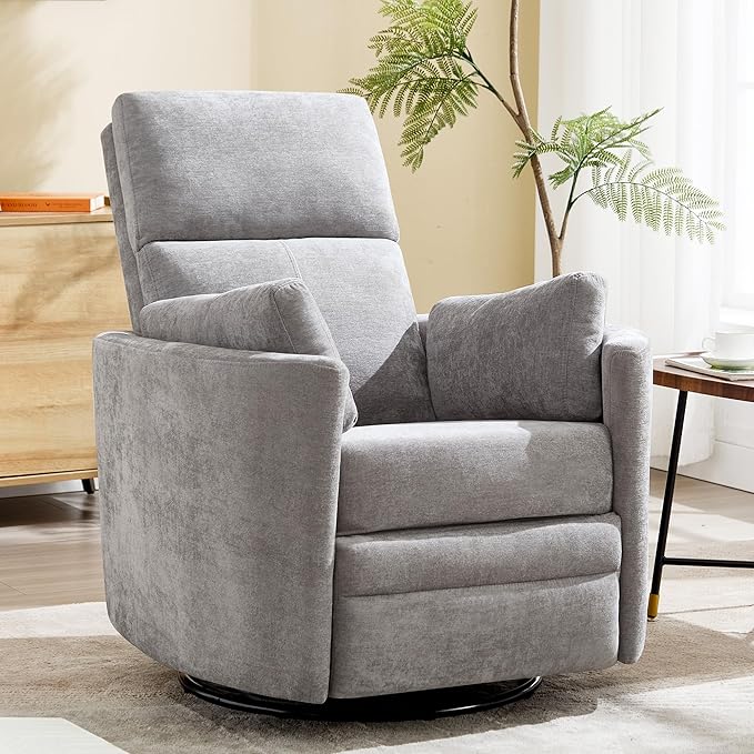 Recliner Swivel Rocking Glider Chair, Upholstered Nursery Adult Recliner Rocking Chair with 2 Pillows for Living Room Bedroom(LIGHTGREY, Manual Operation)