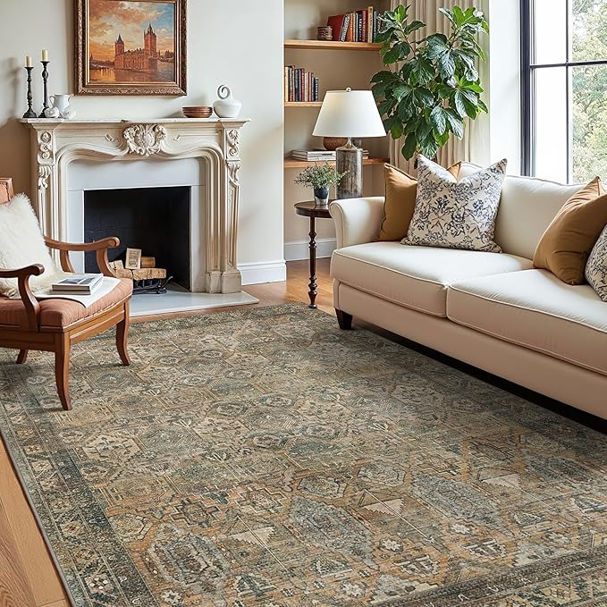 GENIMO 4x6 Area Rugs for Living Room, Machine Washable Non Slip Vintage Rugs, Low Pile Lightweight Chenille Print Rug for Bedroom, Dining Room, Home Office, Warm Taupe