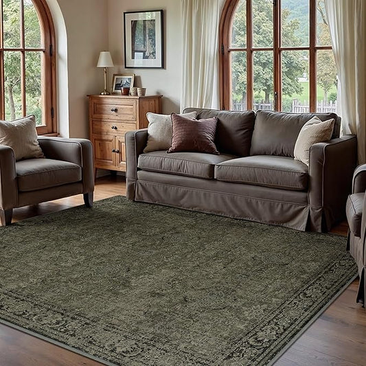 Vintage Area Rug 6x9 Washable Olive Brown Living Room Carpet Large Indoor Non Slip Bedroom Low Pile Kitchen Distressed Retro Accent Throw Rug for Dining Room