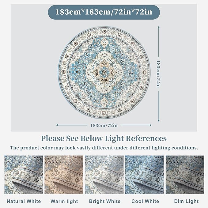Ciicool Washable Area Rug Round 6’x6’ Boho Bedroom Rug Non-Slip Oriental Carpet Throw Rug Low-Pile Indoor Floor Carpet for Dining Room Living Room Laundry Foyer Decor (Vintage Blue)