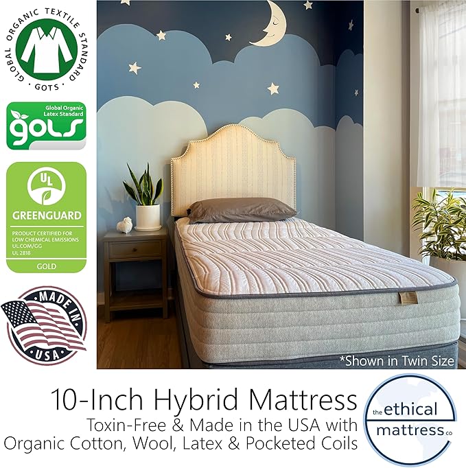 Ethical Mattress CO 10" Toxin-Free Hybrid Mattress, Made in The USA with Organic Cotton, Wool, Latex & Pocketed Coils (No Fiberglass or Polyfoams) Comfortable & Supportive Bed-in-Box - Twin Size