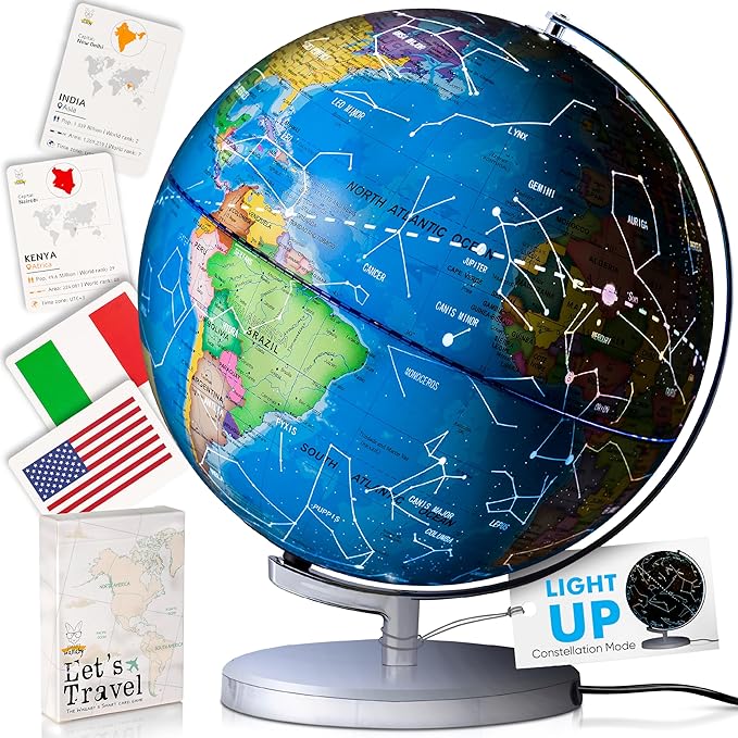9" Illuminated Educational Kids World Globe + STEM Flags & Countries Interactive Card Game. 3 in 1 Children Desktop Spinning Earth Political & Constellation Maps, LED Night Light Lamp