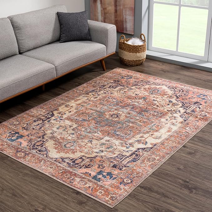 Bloom Rugs Washable 3' x 5' Rug - Beige/Terracotta Traditional Area Rug for Living Room, Bedroom, Dining Room, and Kitchen - Exact Size: 3' x 5'