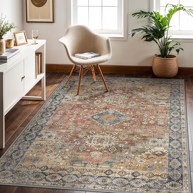 GENIMO 9x12 Area Rugs for Living Room, Machine Washable Non Slip Vintage Rugs, Low Pile Lightweight Chenille Print Rug for Bedroom, Dining Room, Home Office, Antique Red