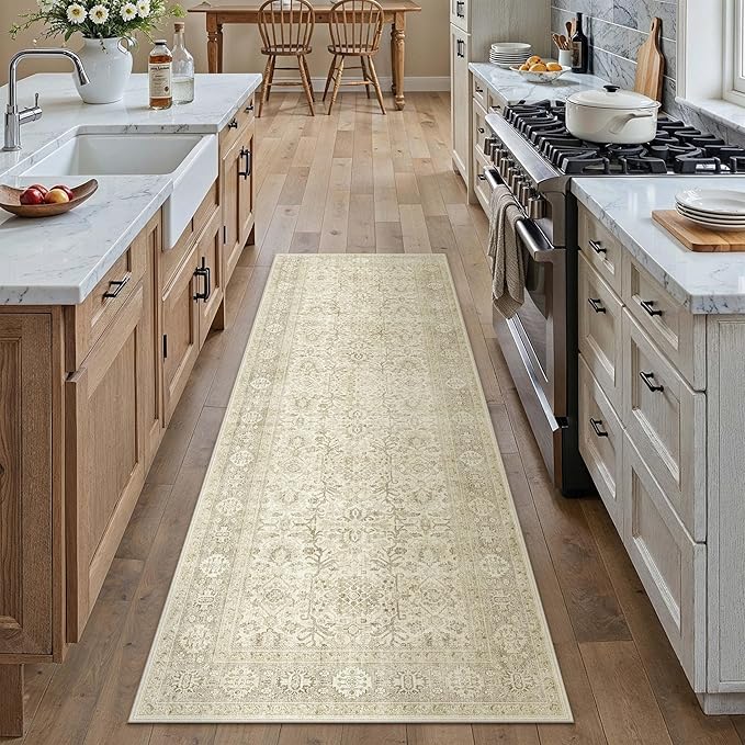 Beige Runner Rug 2x6 Vintage Area Carpet Hallway Long Indoor Kitchen Washable Living Room Low Pile Traditional Distressed Retro Accent Throw Rug Non Slip Laundry Bathroom Office