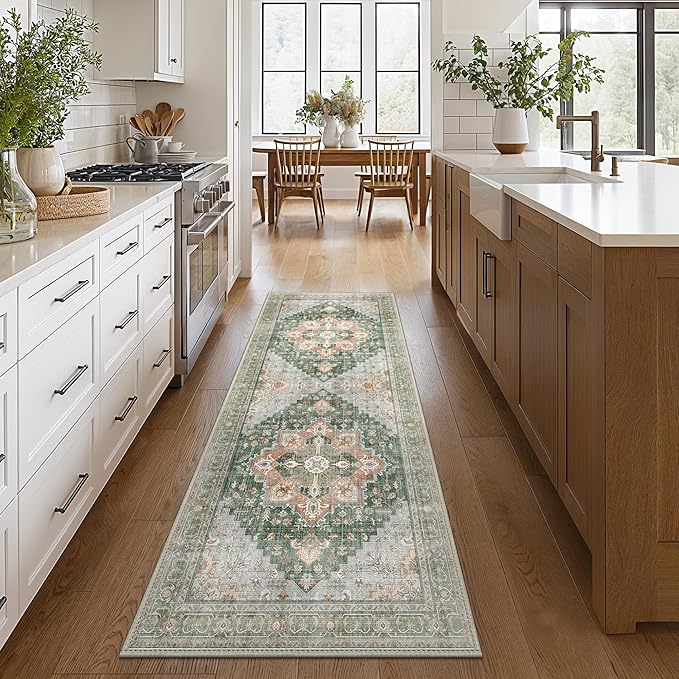 GENIMO 2x10 Runner Rugs for Hallway, Machine Washable Non Slip Vintage Rugs, Low Pile Lightweight Soft Print Rug for enrtyway, Corridor, Home Office, Kitchen,Sage Green