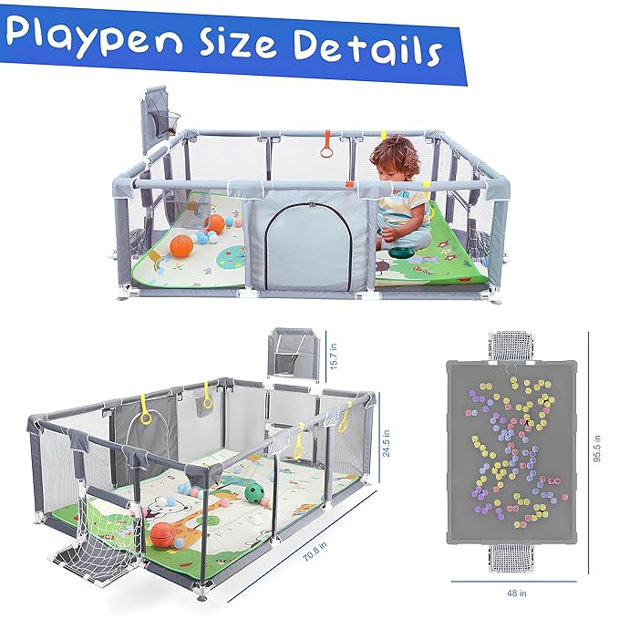 Upgraded Playpen with Enhanced Thick Foldable Mat, Balls, 4 Rings, Storage Bag, Basketball Hoop & Soccer Nets - Play Yard - Sport Playpen - Activity Center - BPA-Free, Non-Toxic, Safe