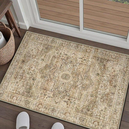Brown Multi Area Rug 2x3 Vintage Entryway Door Mat Washable Distressed Kitchen Carpet Non Slip Soft Indoor Traditional Medallion Retro Accent Throw Rug for Bedroom Office Dining Living Room