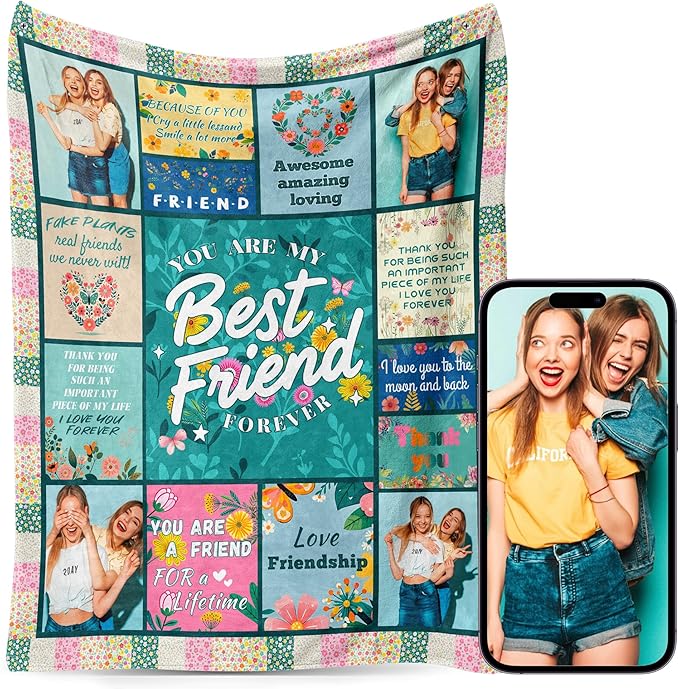 BFF Best Friend Custom Personalized Blanket Thow Gifts with Photo, Customized Pictures Blankets Gift for Sister Women Girls Christmas Birthday (Green Grid Friend)