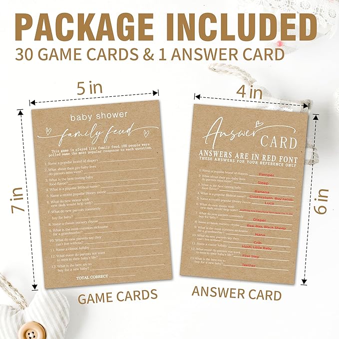 Baby Shower Game Cards - Set of 30 Family Feud - Double Sided Print - Baby Announcement Gender Reveal Game Card - Party Activities Supplies