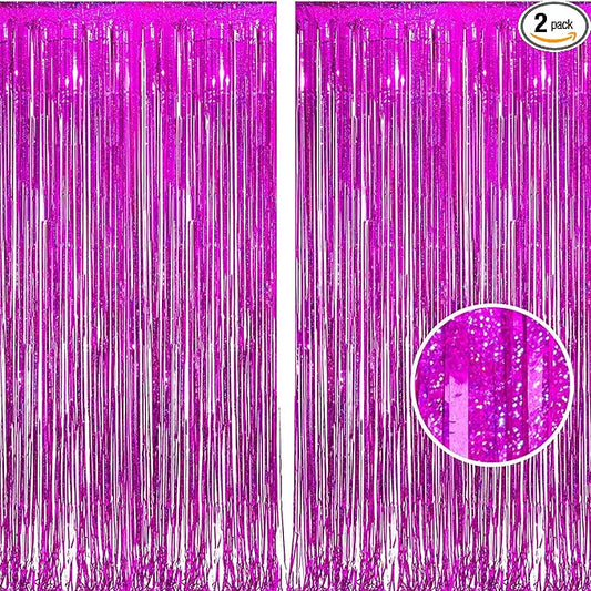 BRAVESHINE Hot Pink Tinsel Foil Fringe Curtains - 2Pcs 3.2x8.2ft Metallic Party Streamers Backdrop for Girl Birthdays Valentines Bridal Shower Bachelorette Hawaiian Luau Theme Party Decorations