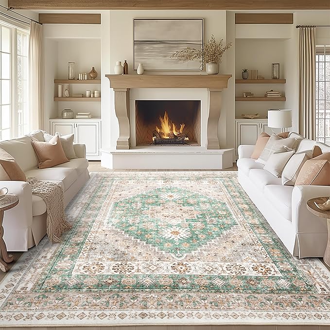 zesthome 8x10 Area Rugs for Living Room,Non-Slip Backing Washable Rugs,Vintage Large Area Rug,Stain Resistant Home Decor Rug (Green/Brown,8'x10')