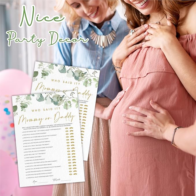 Guess Who Said It? Mommy Or Daddy Baby Shower Game Cards - Golden Greenery - 30 Double-Sided Fill In Style Game Cards For Gender Reveal, Baby Announcement, Party Games & Activity - D04