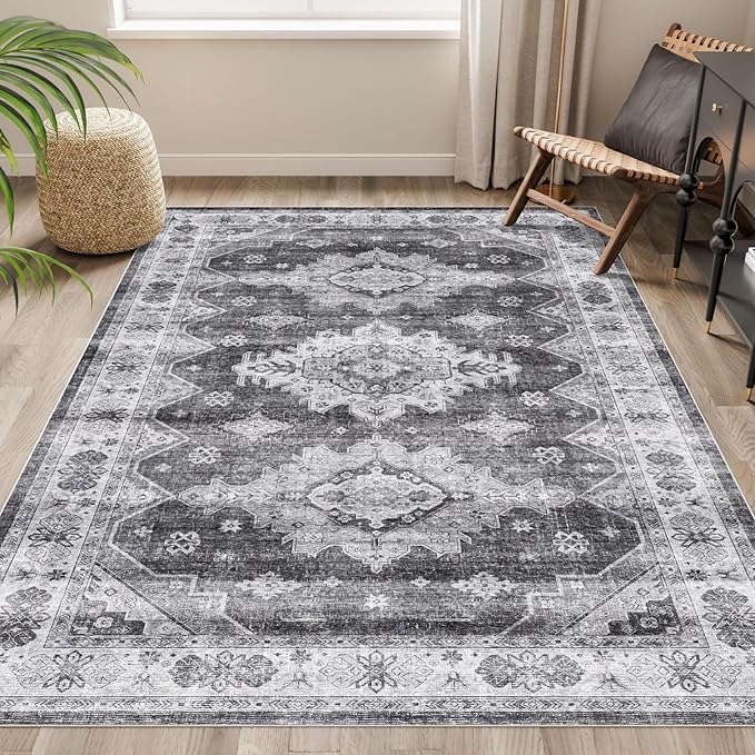 Dripex Vintage Washable Area Rug - 5x8 Distressed Rugs for Living Room Bedroom Oriental Medallion Floral Print Carpet Low-Pile Indoor Soft Non-Slip Accent Rug Farmhouse Office Home Decor