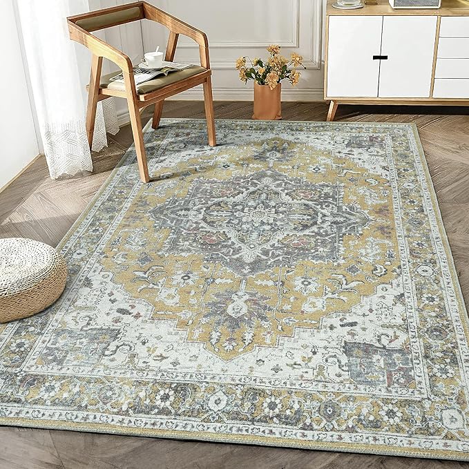 Bloom Rugs Washable Non-Slip 4' x 6' Rug - Yellow Traditional Medallion Area Rug for Living Room, Bedroom, Dining Room, and Kitchen - Exact Size: 4' x 6'