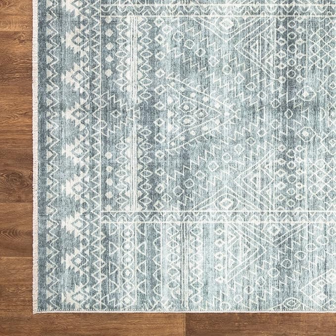 Bloom Rugs Caria Washable Non-Slip 12 ft Runner - Teal/Ivory Geometric Runner for Entryway, Hallway, Bathroom, and Kitchen - Exact Size: 2'6" x 12'