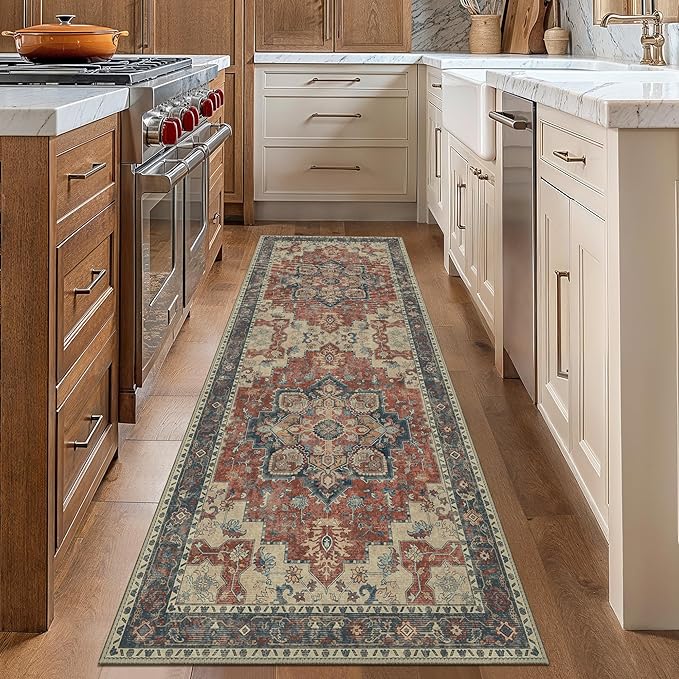 GENIMO 2'6''x12 Runner Rugs for Hallway, Machine Washable Non Slip Vintage Rugs, Low Pile Lightweight Soft Print Rug for enrtyway, Corridor, Home Office, Kitchen, Bordeaux