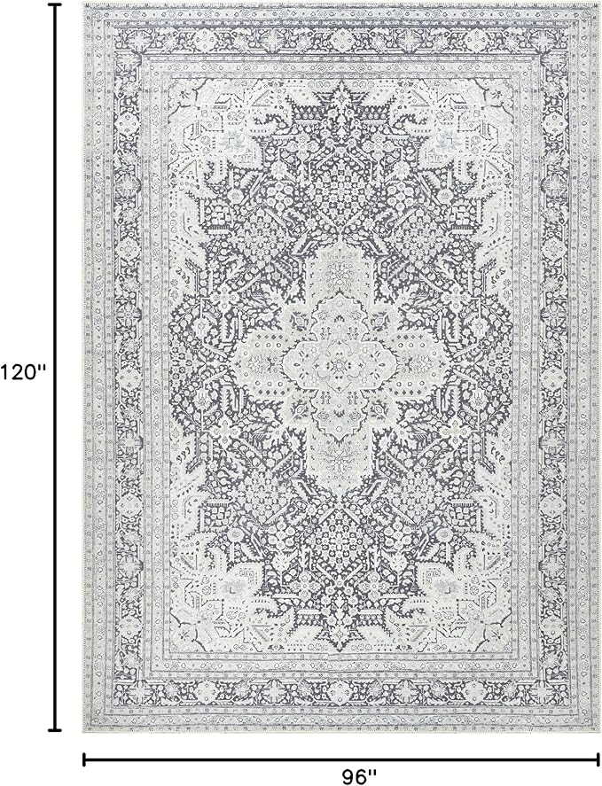 Bloom Rugs Washable Non-Slip 8' x 10' Rug - Charcoal Blue Traditional Medallion Area Rug for Living Room, Bedroom, Dining Room, and Kitchen - Exact Size: 8' x 10'