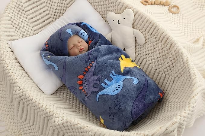 Newborn Baby Wrap Swaddle Blanket Flannel Sleeping Bag Receiving Fleece Blankets 30" x 40" Stroller Wrap for Baby (Navy Blue Dinosaur)