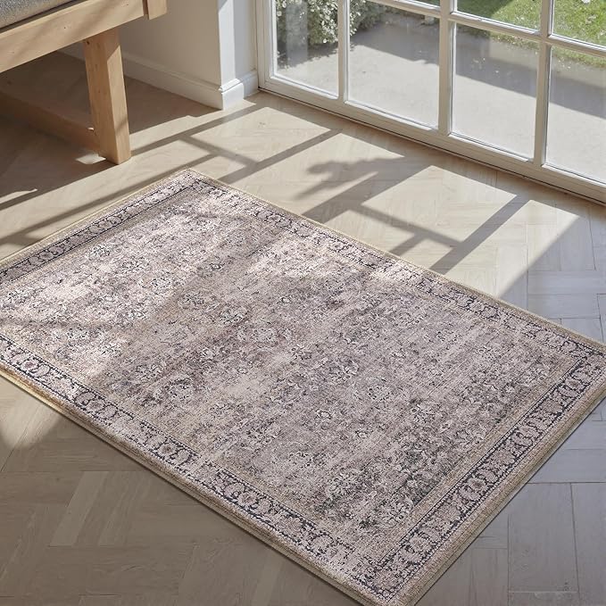 2x3 Purple Area Rug Washable Vintage Distressed Carpet Low Pile Entryway Door Mat Non Slip Indoor Soft Small Retro Entrance Throw Accent Rug for Kitchen Bathroom Bedroom Dining Living Room