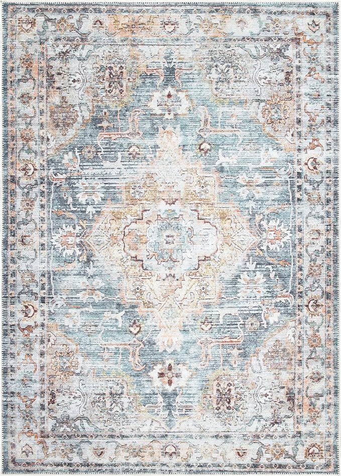 Bloom Rugs Washable Non-Slip 8' x 10' Rug - Teal/Peach Traditional Area Rug for Living Room, Bedroom, Dining Room, and Kitchen - Exact Size: 8' x 10'