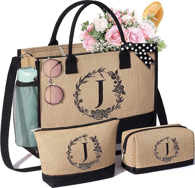 MAYICIVO Personalized Initial Jute Tote Bag & Makeup Bags Set, Large, Jute, Female, Adults, Women, Gift, Spring, Summer