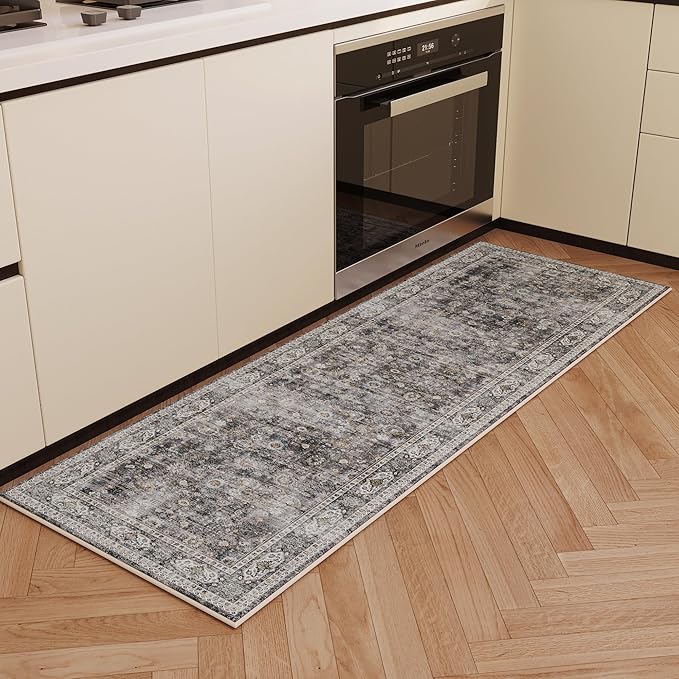 Runner Rug for Hallways Kitchen Non Slip 2'x 6' Washable Rugs with Rubber Backing Soft Floral Carpet for Hallways, Kitchen, Laundry, Bedroom, Bathroom(Grey and Brown)