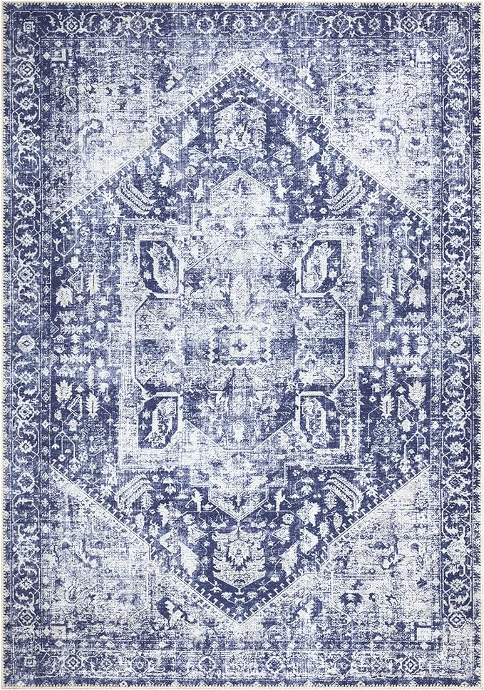 Bloom Rugs Washable Non-Slip 3' x 5' Rug - Blue/Ivory Traditional Area Rug for Living Room, Bedroom, Dining Room, and Kitchen - Exact Size: 3' x 5'