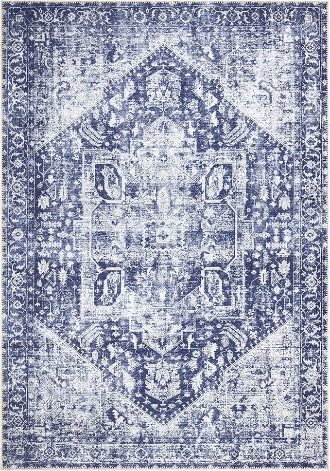 Bloom Rugs Washable Non-Slip 6' x 9' Rug - Blue/Ivory Traditional Area Rug for Living Room, Bedroom, Dining Room, and Kitchen - Exact Size: 6' x 9'