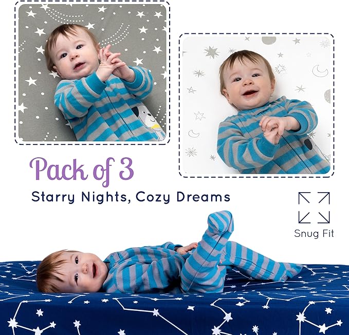 Fitted Unisex Crib Sheets (3 Pack) by GROW WILD - Jersey Knit Cotton Crib Sheets for Boys or Girls, 52β x 28β x 9β Crib Bedding Set (Moon, Stars and Constellation)