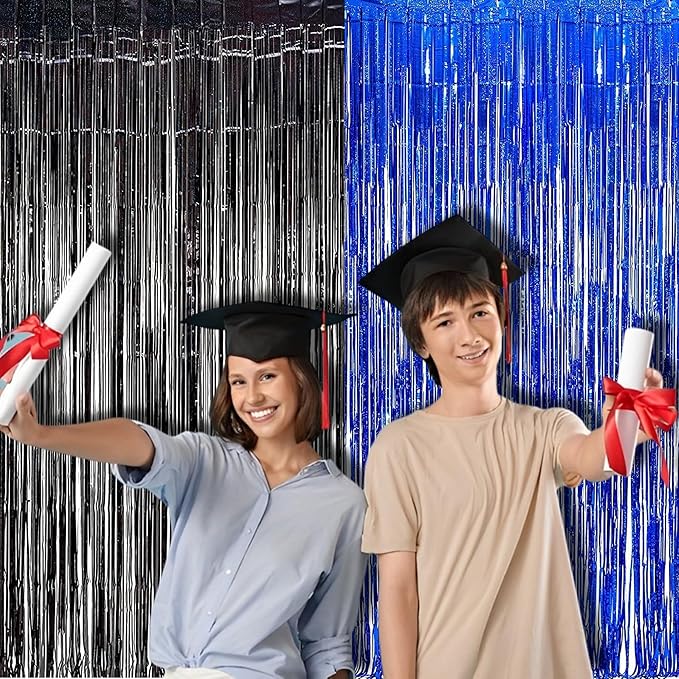 Foil Fringe Curtain Party Decorations - Black Blue Metallic Tinsel Photo Booth Backdrop Party Steamers Curtains for Birthdays Christmas New Years Homecoming Decoration