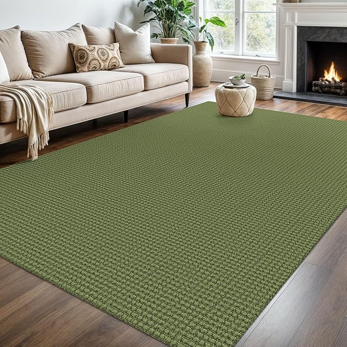 KOZYFLY Washable Area Rug 6x9 ft Rubber Backed Non Slip Rugs for Living Room Braided Cotton Bedroom Rug Woven Office Rugs Indoor Floor Carpets for Dining Bedroom Living Room, Olive Green/Earthy Green