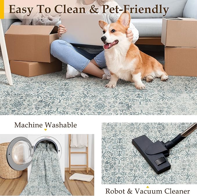 Vintage Area Rug 4x6 Blue Entryway Office Washable Carpet Non Slip Bedroom Indoor Living Room Door Mat Low Pile Traditional Distressed Retro Accent Rug for Dining Room Bathroom Kitchen