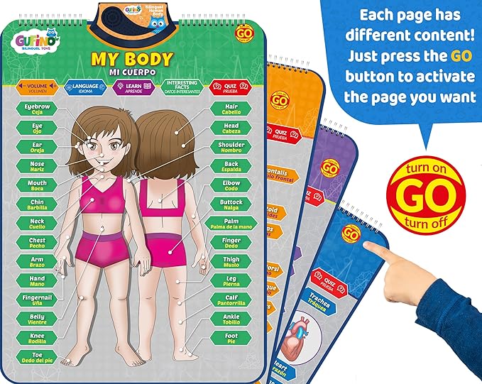 Bilingual Human Body Model for Kids – Interactive Human Anatomy for Kids with Games & Quizzes – Educational Posters for Learning Body Parts, Bones & Organs. English and Spanish for Kids.