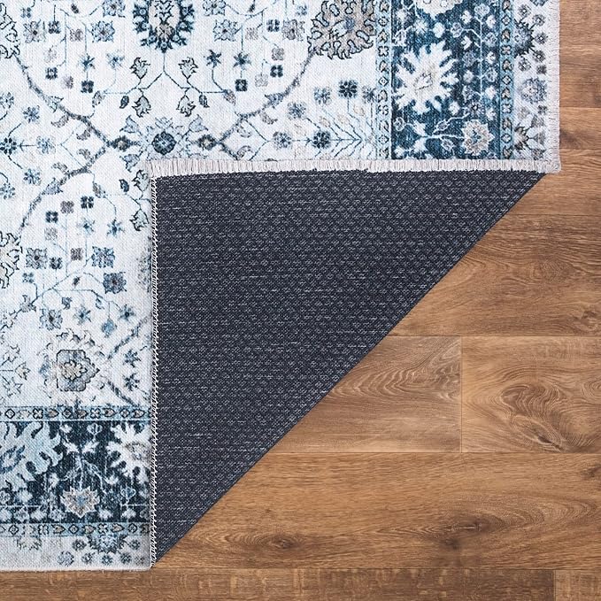 Bloom Rugs Caria Washable Non-Slip 10 ft Runner - Navy Blue Traditional Bordered Runner for Entryway, Hallway, Bathroom, and Kitchen - Exact Size: 2'6" x 10'