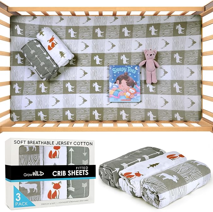 Fitted Unisex Crib Sheets (3 Pack) by GROW WILD - Jersey Knit Cotton Crib Sheets for Boys or Girls, 52β x 28β x 9β Crib Bedding Set (Forest Fun)