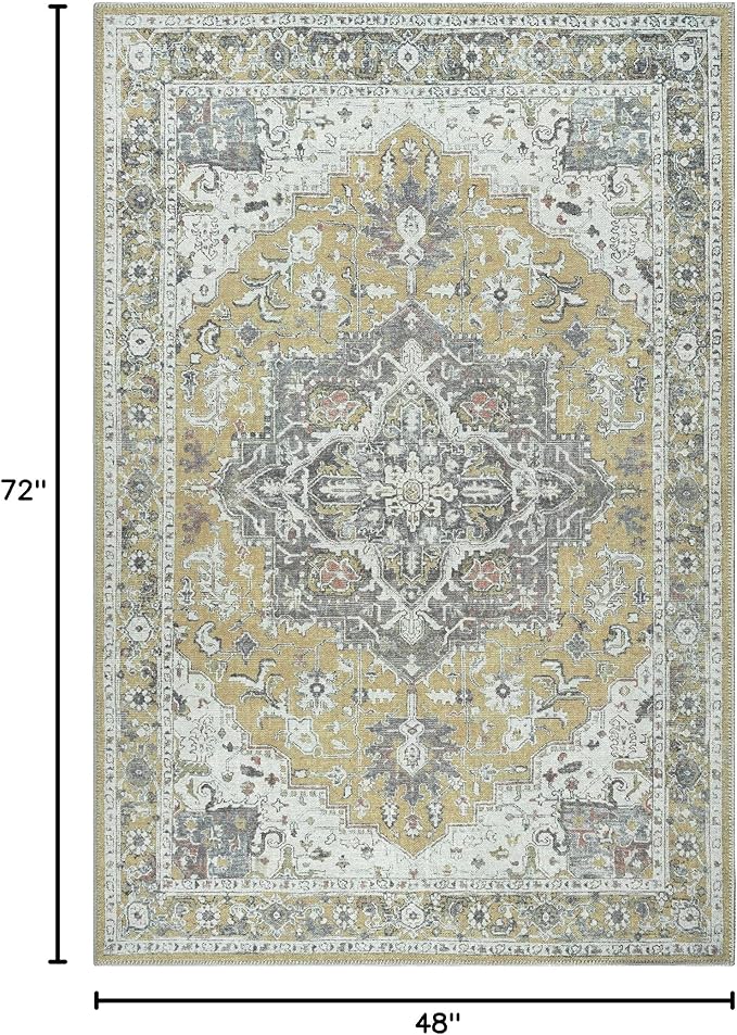 Bloom Rugs Washable Non-Slip 4' x 6' Rug - Yellow Traditional Medallion Area Rug for Living Room, Bedroom, Dining Room, and Kitchen - Exact Size: 4' x 6'