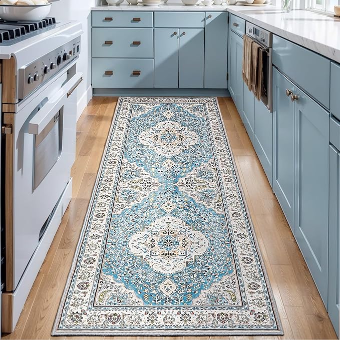 Ciicool Washable Runner Rug Non Slip, 2'x6' Blue Hallway Rug Vintage Kitchen Rugs Carpet for Bedroom Laundry Bathroom Decor