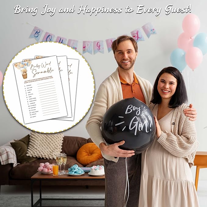 Bear Balloon 30 Baby Word Scramble Game Cards with 1 Answer Card, We Can Bearly Wait Gender Reveal Party Supplies Favors (5"x7") - E01